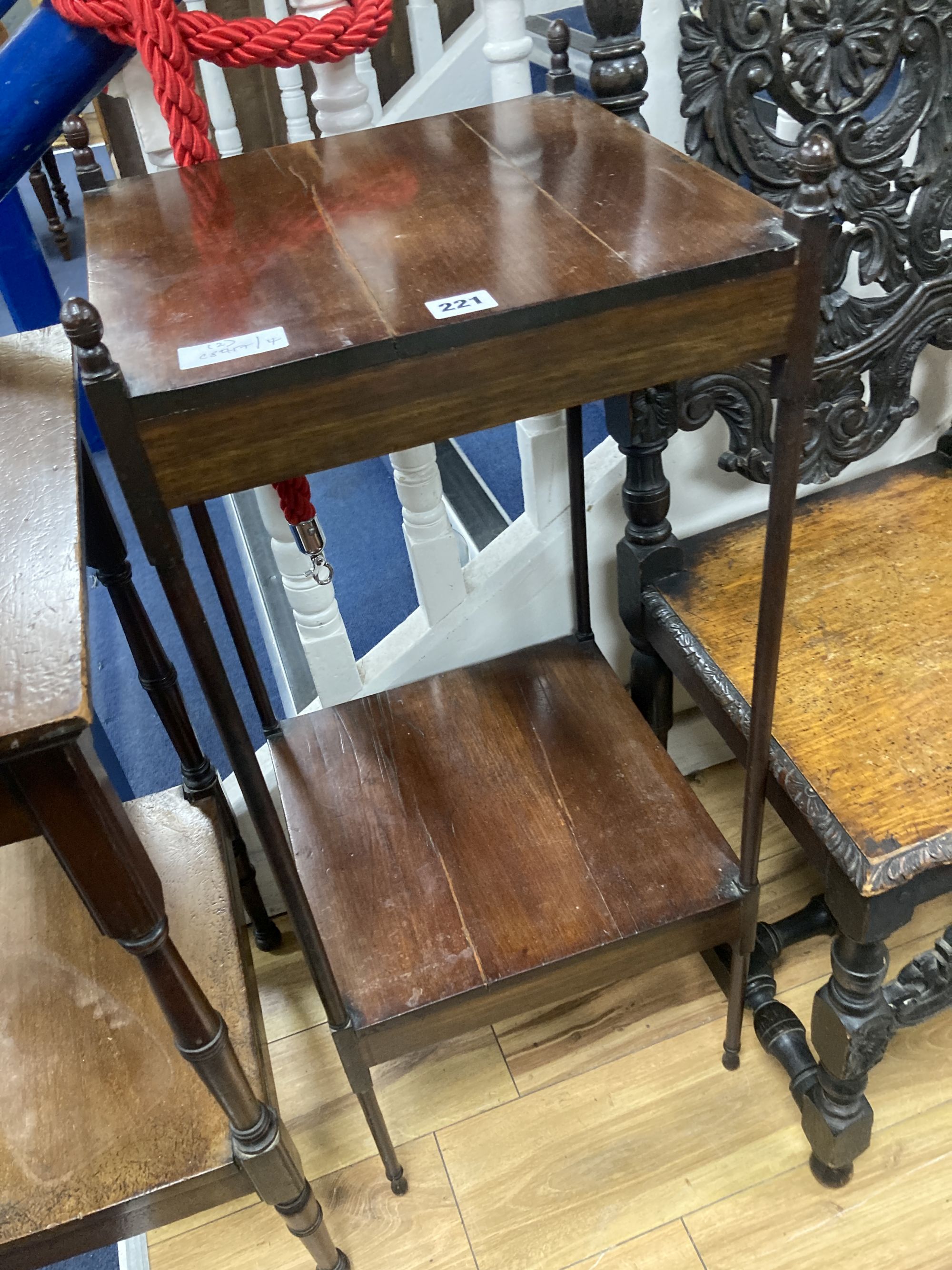 Two mahogany 2-tier occasional tables, larger width 45cm, depth 44cm, height 75cm
